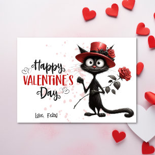 Cute Black Cat With Red Hat Happy Valentines Day Holiday Card
