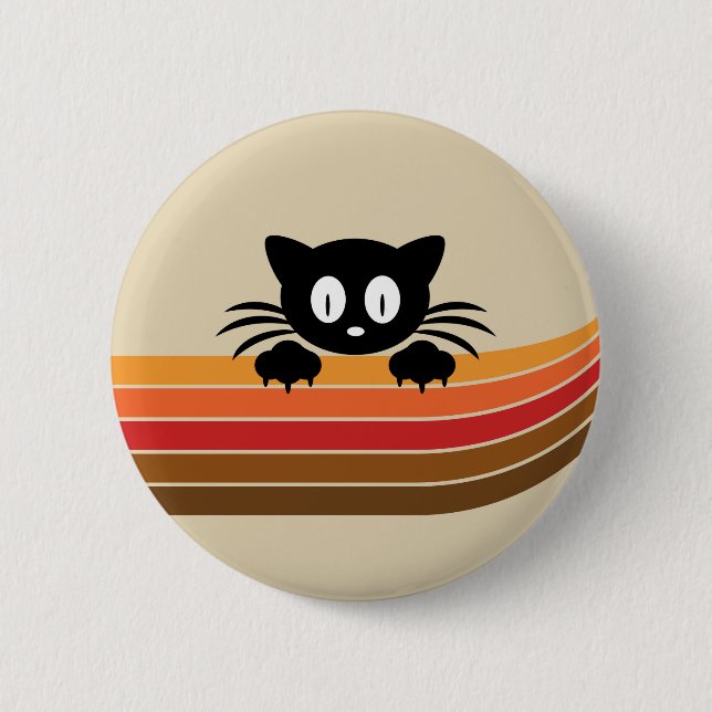 Cute black cat with retro stripes button (Front)
