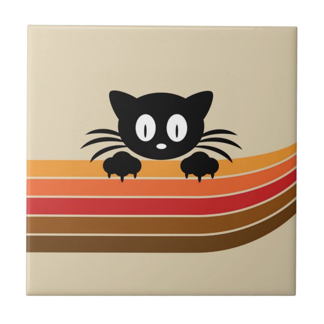 Cute black cat with retro stripes  ceramic tile (Front)