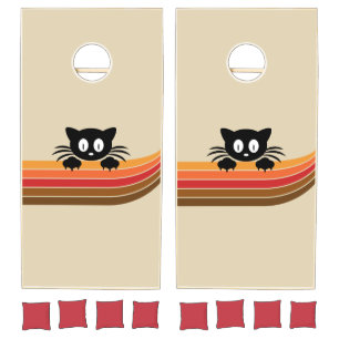 Cute black cat with retro stripes cornhole set