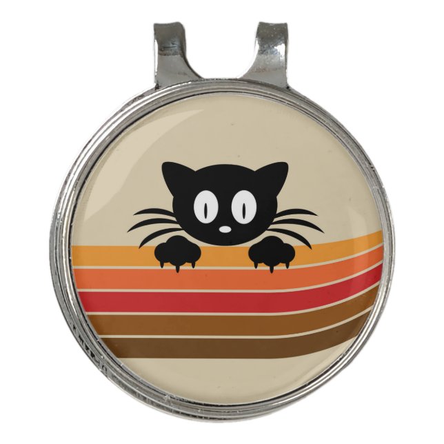 Cute black cat with retro stripes  golf hat clip (Front)