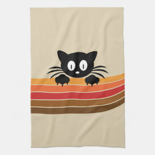 Cute black cat with retro stripes  kitchen towel