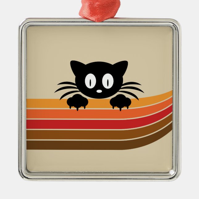 Cute black cat with retro stripes metal ornament (Front)