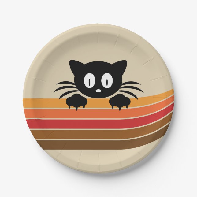 Cute black cat with retro stripes paper plates (Front)