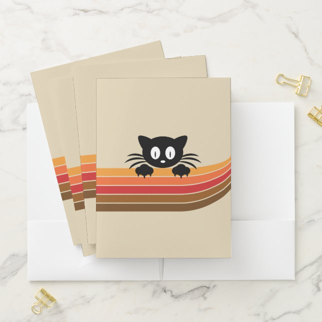 Cute black cat with retro stripes pocket folder (In Situ)