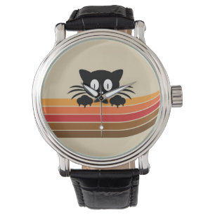 Cute black cat with retro stripes watch