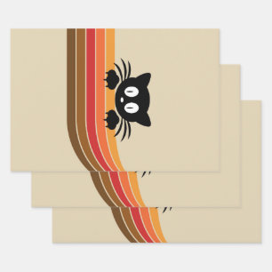 Cute black cat with retro stripes wrapping paper sheets