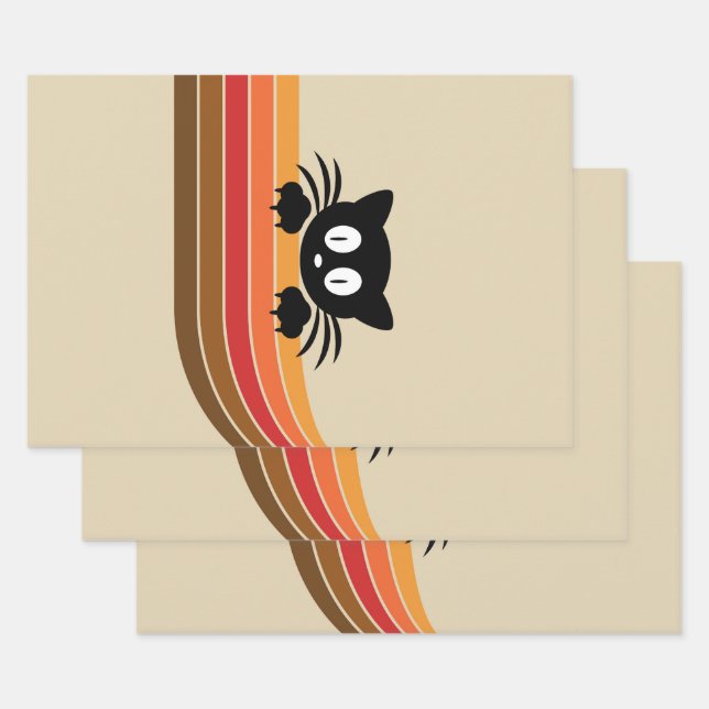 Cute black cat with retro stripes wrapping paper sheets (Set)