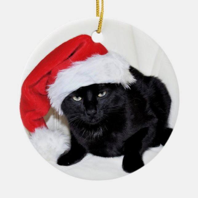 Cute Black Cat with Santa Hat Ceramic Ornament (Front)