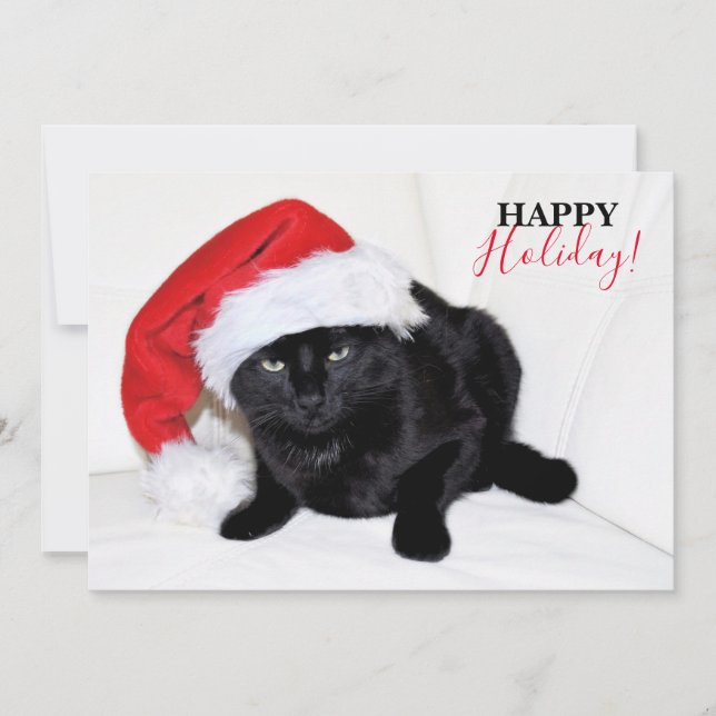 Cute Black Cat with Santa Hat Holiday Card (Front)