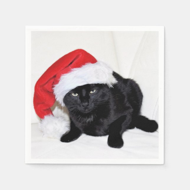 Cute Black Cat with Santa Hat Napkins (Front)