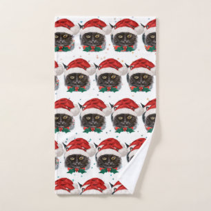 Cute Black Cat with Santa Hat on Christmas Hand Towel
