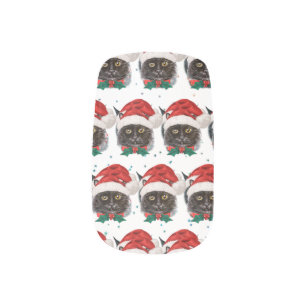 Cute Black Cat with Santa Hat on Christmas Minx Nail Art