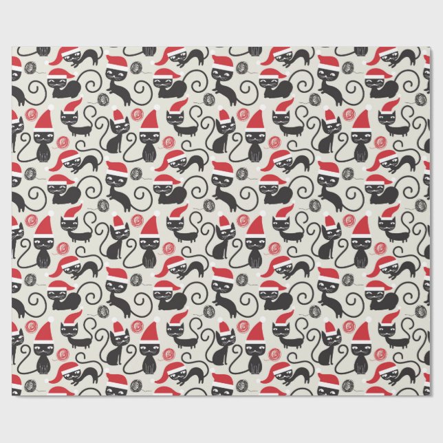 Cute Black Cat with Santa Hat Wrapping Paper (Flat)