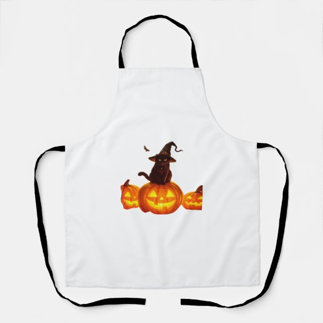 Cute Black Cat with Witch Hat, Bats & Pumpkins – H Apron (Front)