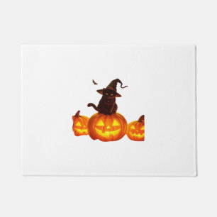 Cute Black Cat with Witch Hat, Bats & Pumpkins – H Doormat