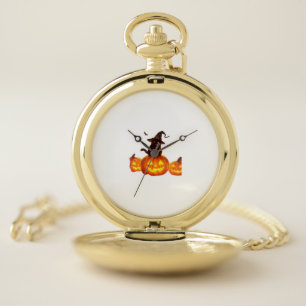 Cute Black Cat with Witch Hat, Bats & Pumpkins – H Pocket Watch