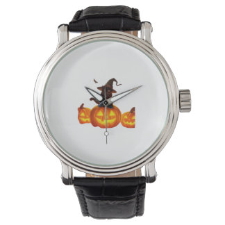 Cute Black Cat with Witch Hat, Bats & Pumpkins – H Watch