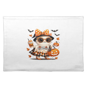 Cute Black Cat with Witch Hat � Kawaii Halloween A Cloth Placemat