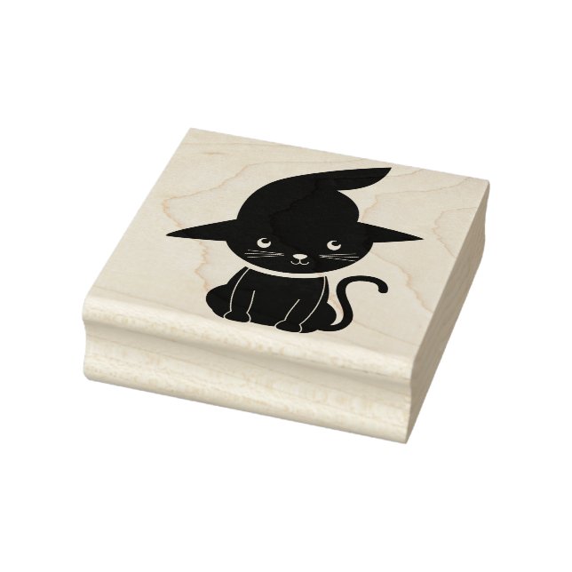Cute Black Cat with Witches Hat Rubber Stamp (Stamp)