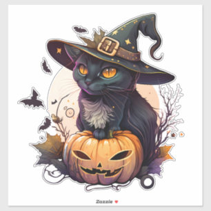 Cute Black Cat with Wizards Hat Pumpkin and Bats Sticker