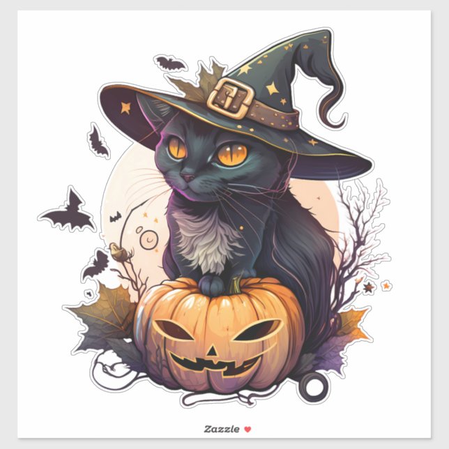 Cute Black Cat with Wizards Hat Pumpkin and Bats Sticker (Sheet)