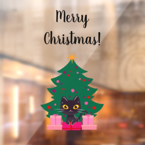 Cute Black Cat  XmasTree Merry Christmas Text  Window Cling