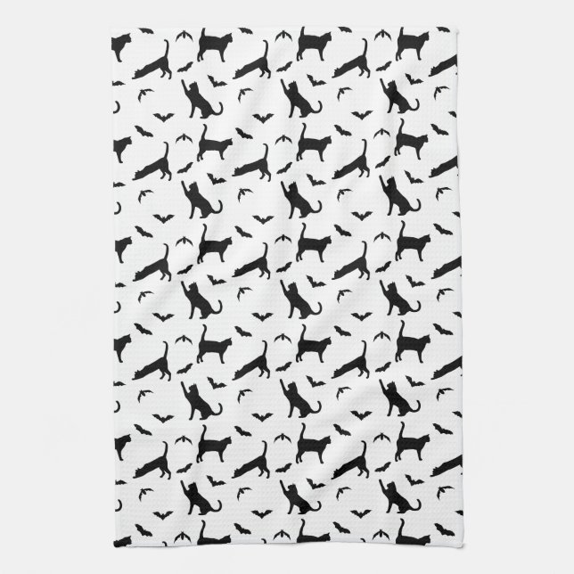 Cute Black Cats And Bats Pattern Fun Halloween Kitchen Towel (Vertical)