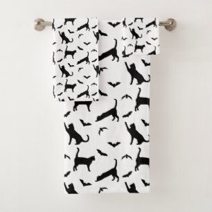 Cute Black Cats And Bats Pattern Halloween Bath Towel Set