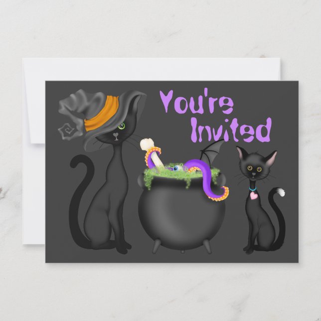 Cute Black Cats and Cauldron Halloween Baby Shower Invitation (Front)