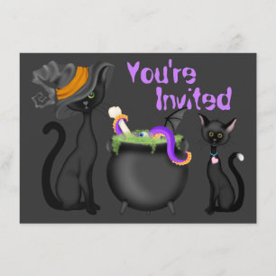 Cute Black Cats and Cauldron Halloween Baby Shower Invitation