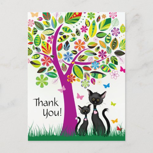 Cute Black Cats and Colorful Flower Tree Thank You Postcard