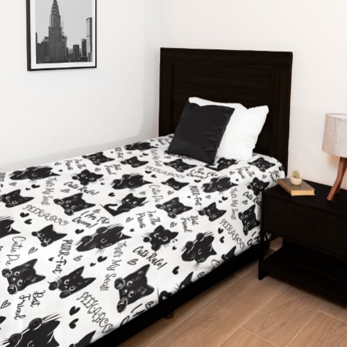 Cute Black Cats and Sayings Pattern Duvet Cover