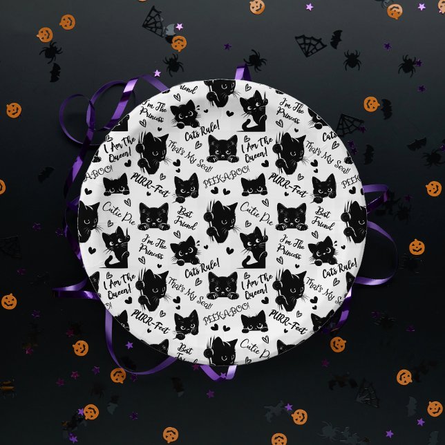 Cute Black Cats and Sayings Pattern Paper Plates (Cute Black Cats and Sayings with Hearts Pattern  for Cat Lovers and Halloween Paper Plates)