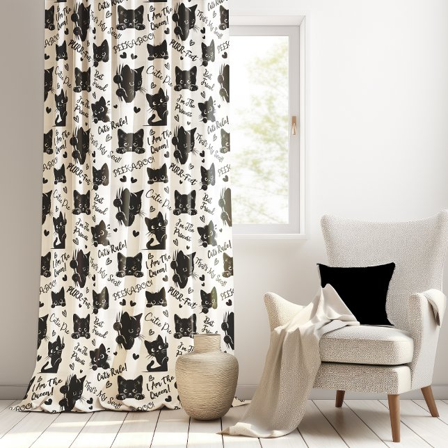 Cute Black Cats and Sayings Pattern Sheer Curtains (Cute Black Cats and Sayings with Hearts Pattern for Cat Lovers and Halloween Wallpaper)