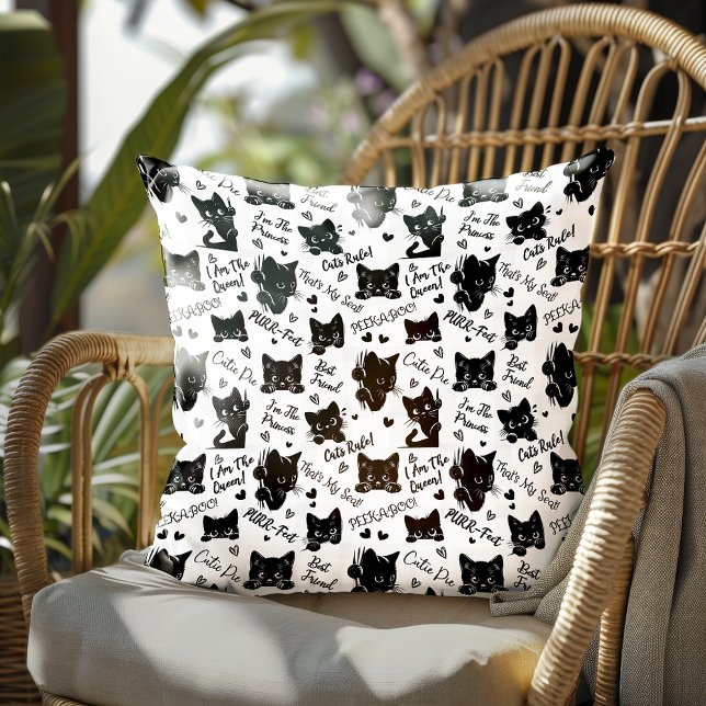 Cute Black Cats and Sayings Pattern Throw Pillow (Cute Black Cats and Sayings with Hearts Pattern for Cat Lovers and Halloween Throw Pillow)