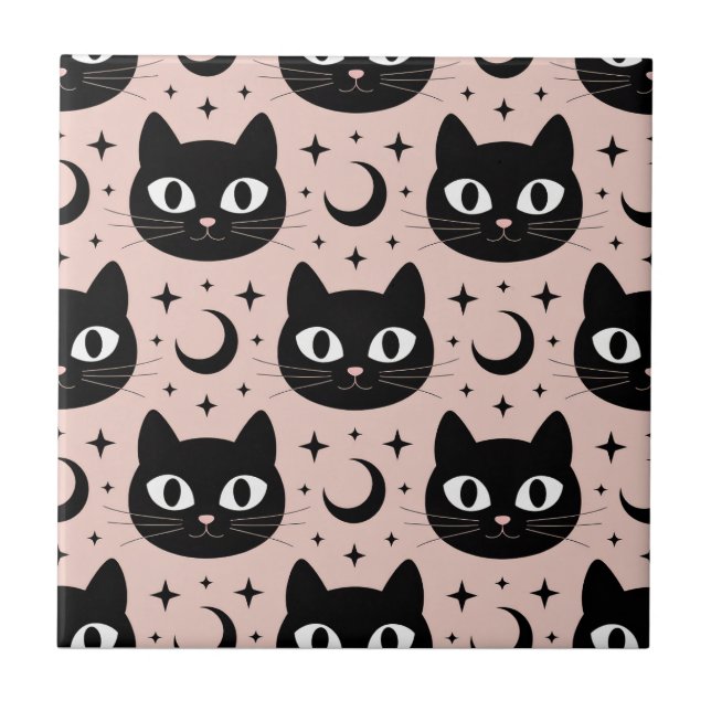 Cute Black Cats & Celestial Halloween Ceramic Tile (Front)