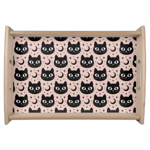 Cute Black Cats & Celestial Halloween Serving Tray