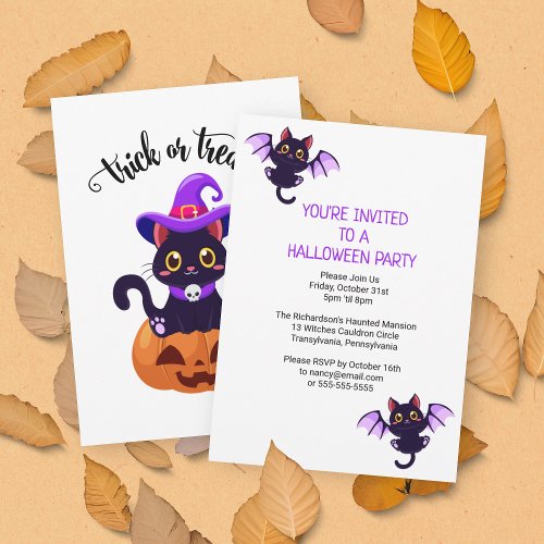 Cute Black Cats Custom Halloween Party Invitation