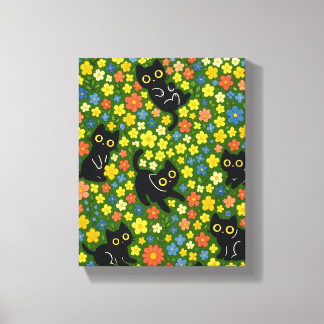 Cute Black Cats Floral Meadow Pattern Canvas Print (Front)