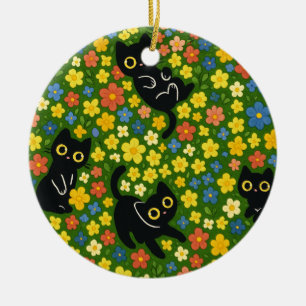Cute Black Cats Floral Meadow Pattern Ceramic Ornament