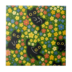 Cute Black Cats Floral Meadow Pattern Ceramic Tile