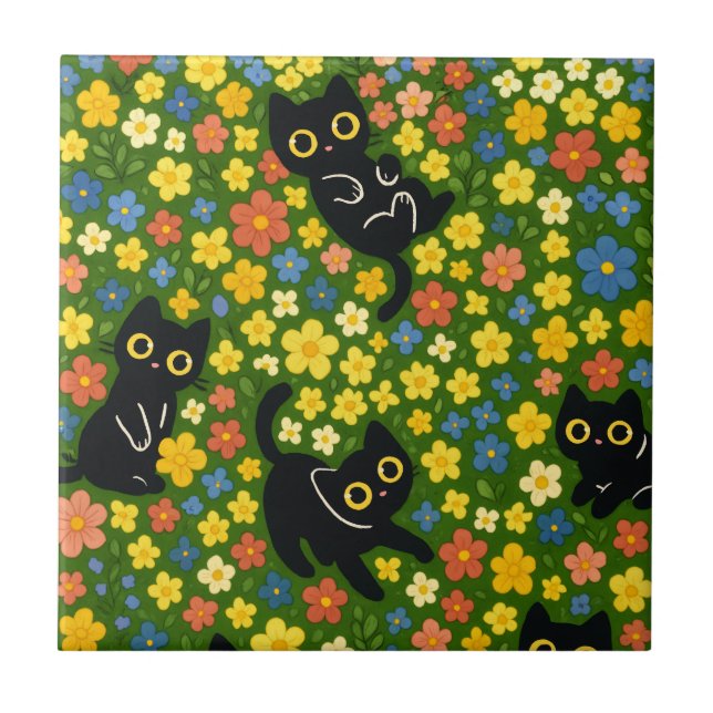 Cute Black Cats Floral Meadow Pattern Ceramic Tile (Front)