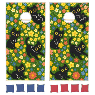 Cute Black Cats Floral Meadow Pattern Cornhole Set