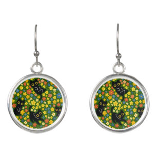 Cute Black Cats Floral Meadow Pattern Earrings