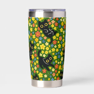 Cute Black Cats Floral Meadow Pattern Insulated Tumbler