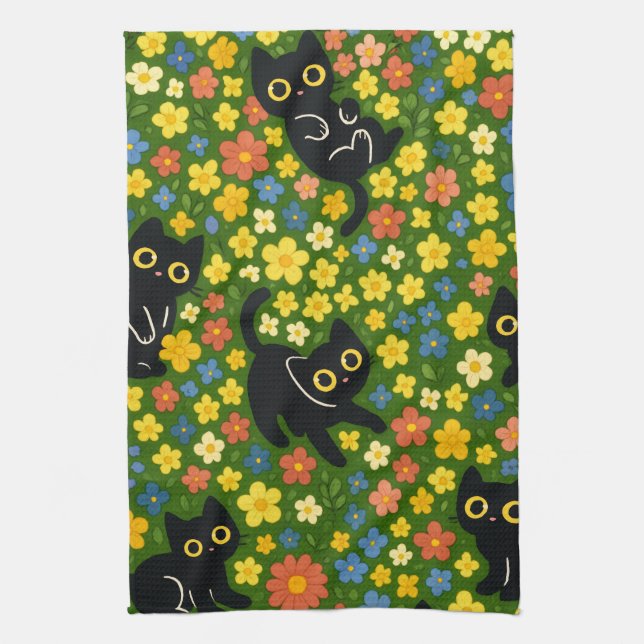 Cute Black Cats Floral Meadow Pattern Kitchen Towel (Vertical)