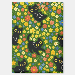 Cute Black Cats Floral Meadow Pattern Magnet