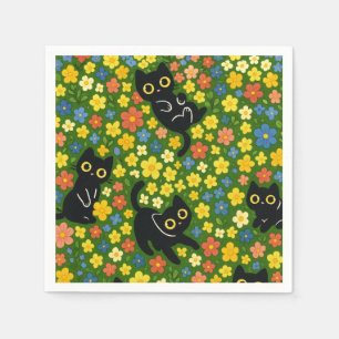 Cute Black Cats Floral Meadow Pattern Napkins