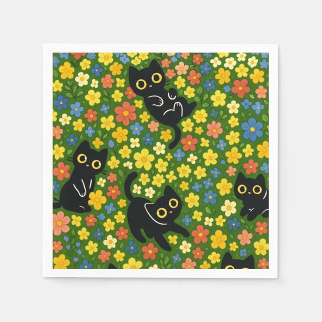 Cute Black Cats Floral Meadow Pattern Napkins (Front)